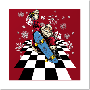 Santa Claus Skateboarding Skateboard Snowflakes Christmas Winter Holiday Seasonal Posters and Art
